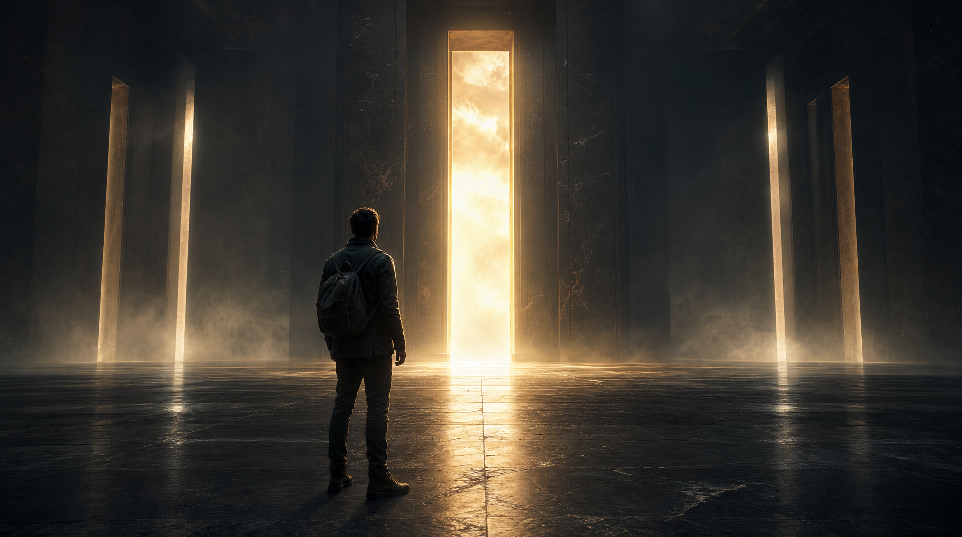 Portes intérieures ouvertes sur la lumière symbolisant l'orientation spirituelle
